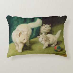 White Persian Cat with Two Kittens Decorative Pillow