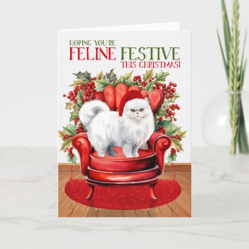 White Persian Christmas Cat FELINE Festive Holiday Card