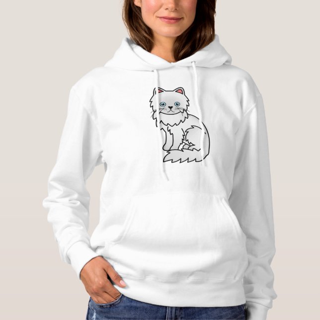 White Persian Cute Cartoon Cat Illustration Hoodie (Front)