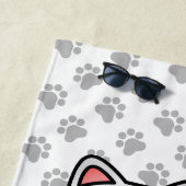 White Persian Cute Cartoon Cat & Paws Beach Towel (In Situ)