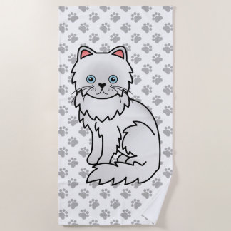 White Persian Cute Cartoon Cat &amp; Paws Beach Towel