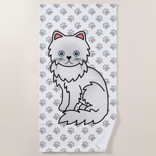 White Persian Cute Cartoon Cat  Paws Beach Towel