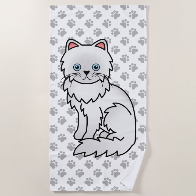 White Persian Cute Cartoon Cat & Paws Beach Towel (Front)