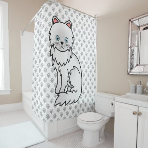 White Persian Cute Cartoon Cat & Paws Shower Curtain