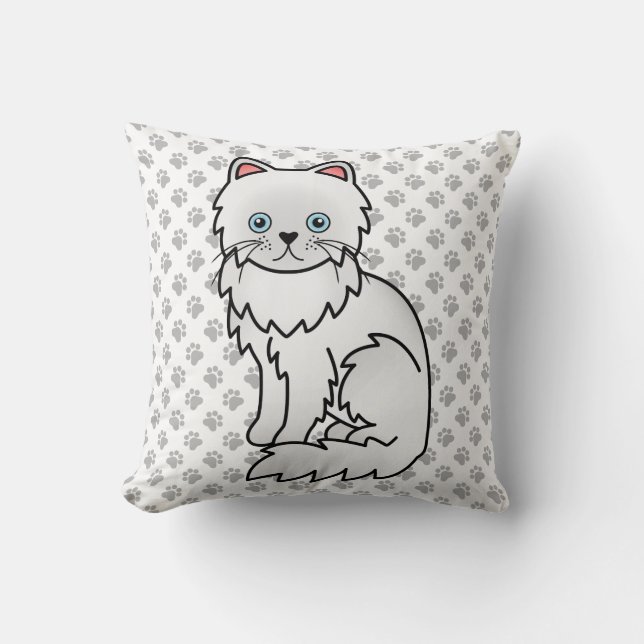 White Persian Cute Cartoon Cat & Paws Throw Pillow (Front)