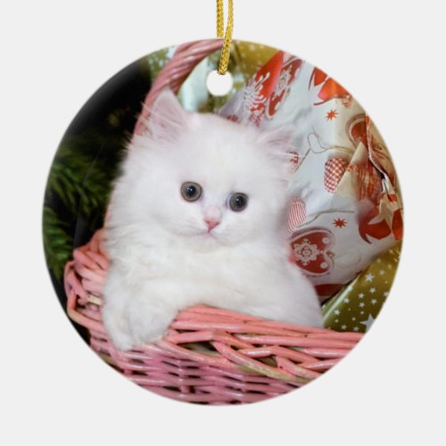 White Persian Kitten Christmas Ceramic Ornament