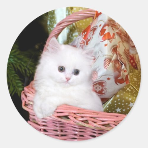 White Persian Kitten Christmas Classic Round Sticker