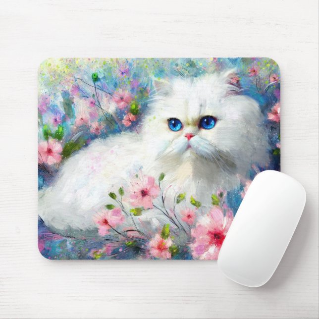 White Persian Kitty Cat Blue Eyes in Pink Flowers Mouse Pad (With Mouse)