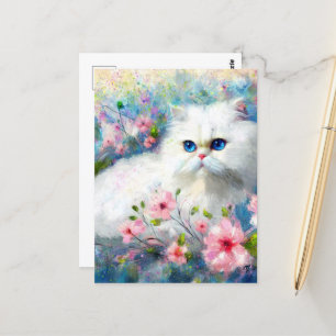 White Persian Kitty Cat Blue Eyes in Pink Flowers Postcard