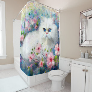 White Persian Kitty Cat Blue Eyes in Pink Flowers Shower Curtain