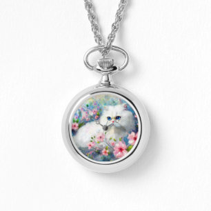 White Persian Kitty Cat Blue Eyes in Pink Flowers Watch