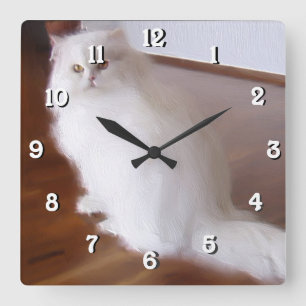 White Persian square cat clock