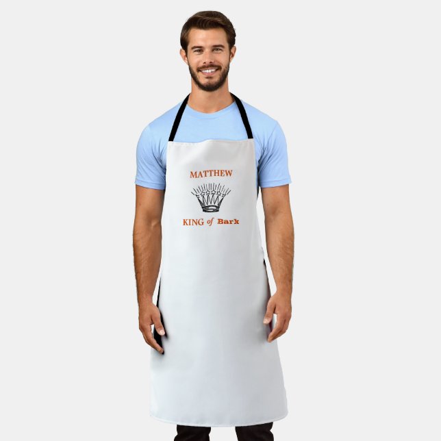 White Personalized King of Bark Funny Apron (Worn)