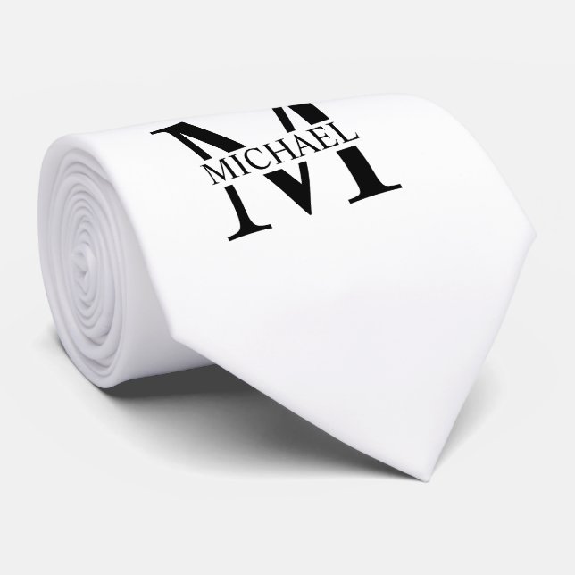 White Personalized Monogram and Name Neck Tie (Rolled)