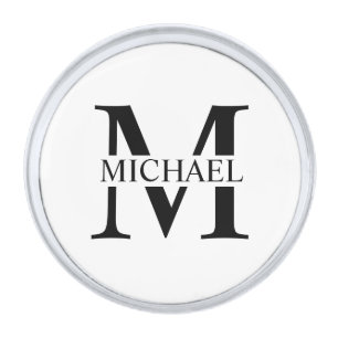 White Personalized Monogram and Name Silver Finish Lapel Pin