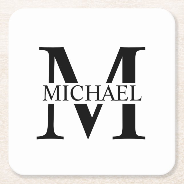 White Personalized Monogram and Name Square Paper Coaster (Front)