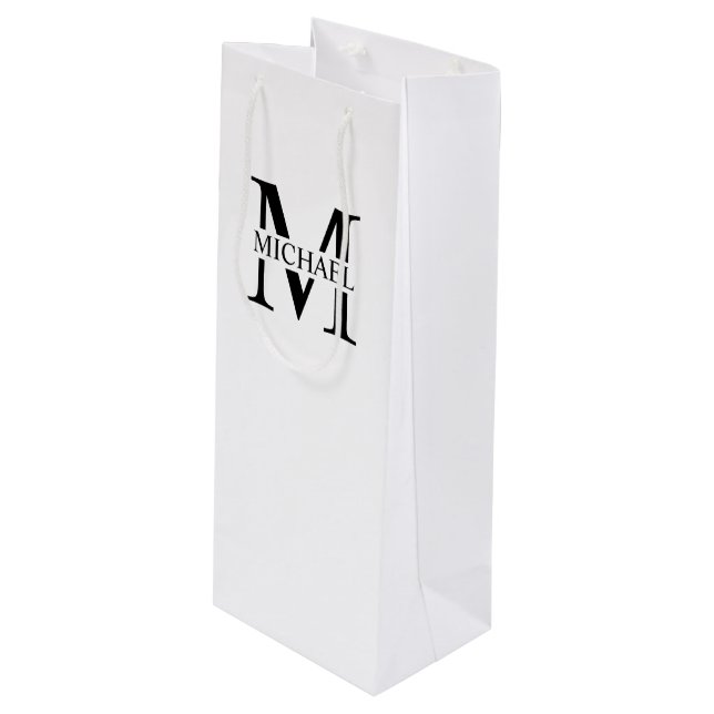 White Personalized Monogram and Name Wine Gift Bag (Front Angled)