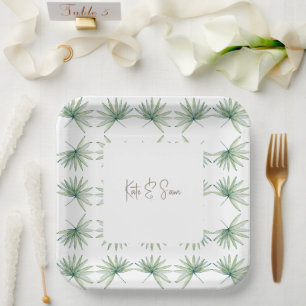 White Personalized Names Tropical Palm Wedding  Paper Plates