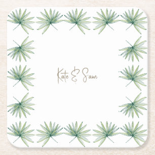White Personalized Names Tropical Palm Wedding Square Paper Coaster