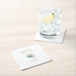 White Personalized Names Tropical Wedding  Square Paper Coaster