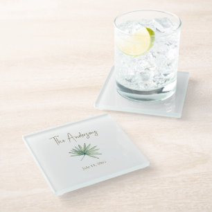 White Personalized Tropical Wedding  Glass Coaster