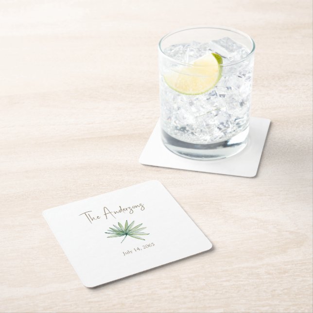 White Personalized Tropical Wedding  Square Paper Coaster (Insitu)