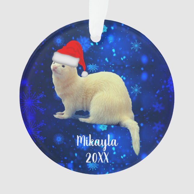 White Pet Ferret in Santa Hat Ornament (Front)