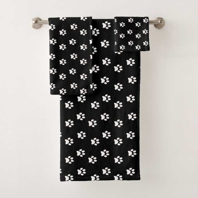 White Pet Paws Pattern on Black Bath Towel Set (Insitu)