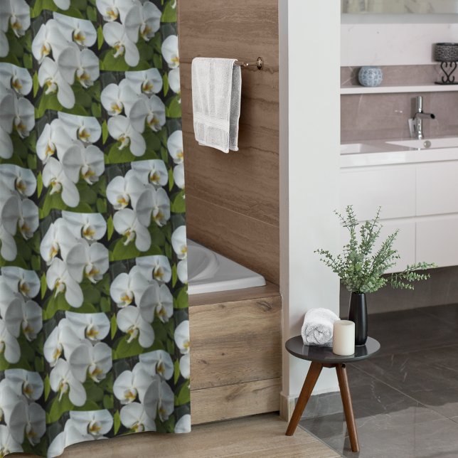 White Phalaenopsis Orchids Floral Pattern Shower Curtain (In Situ Bathroom)