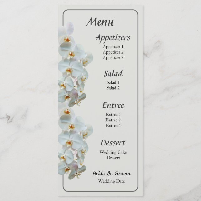 White Phalaenopsis Orchids Wedding Menu (Front)