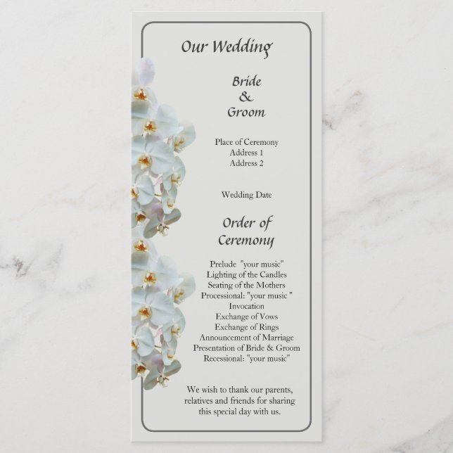 White Phalaenopsis Orchids Wedding Program (Front)