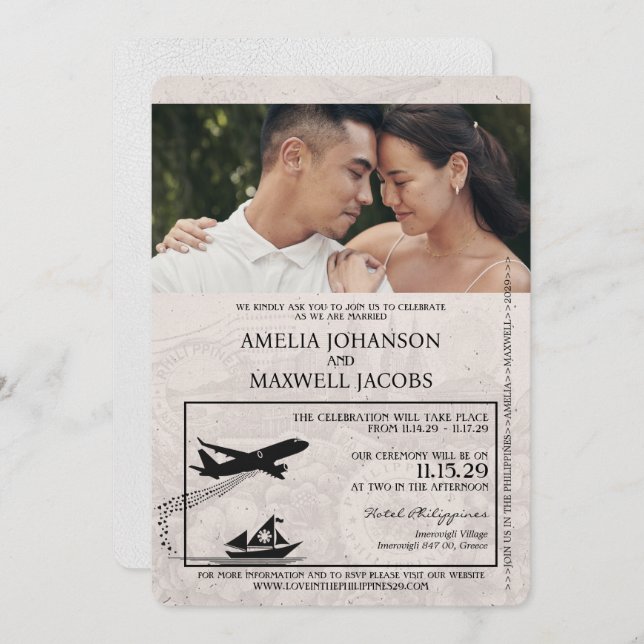 White Philippines Passport Wedding Invitation (Front/Back)