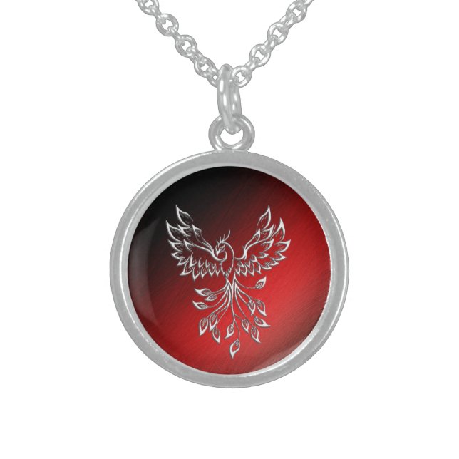 White Phoenix Rises Red n Black Ashes Sterling Silver Necklace (Front)
