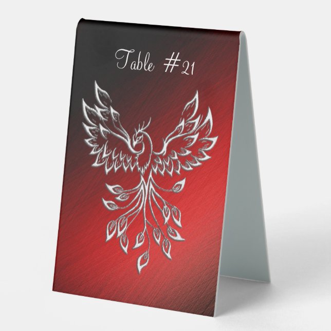 White Phoenix Rises Red n Black Ashes Table Number Tent (Front)