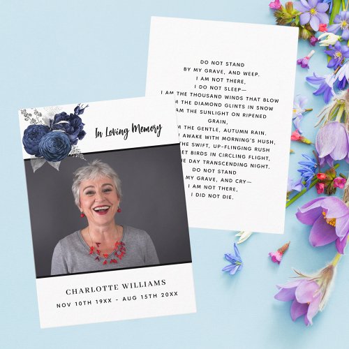 White photo blue floral funeral prayer card