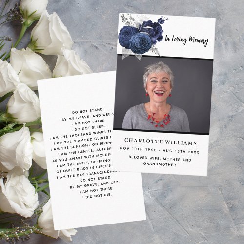 White photo blue floral funeral prayer card