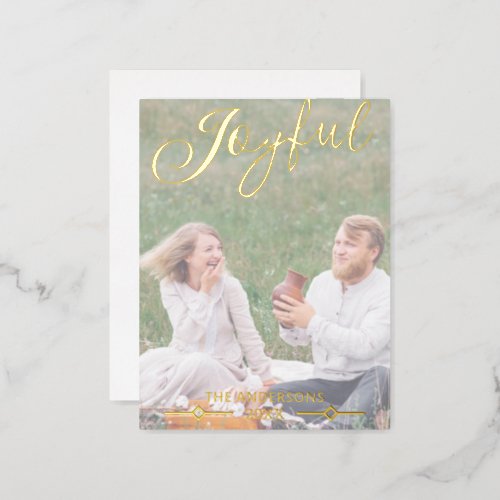 White Photo Overlay Joyful Cute Gold Foil Holiday Postcard
