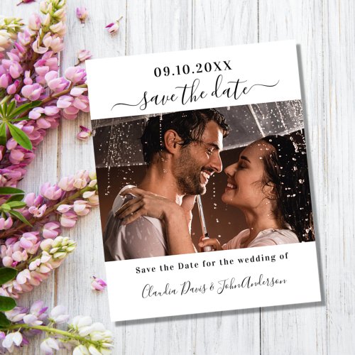 White photo script budget wedding save the date