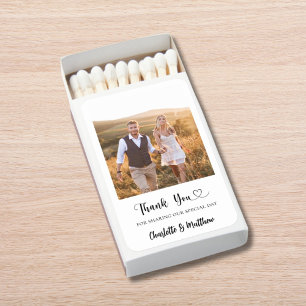 White photo thank you wedding favor matchboxes