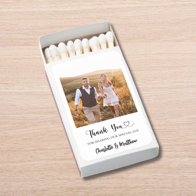 White photo thank you wedding favor matchboxes (Creator Uploaded)