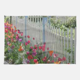 White Picket Fence With Tulips kitchen towel