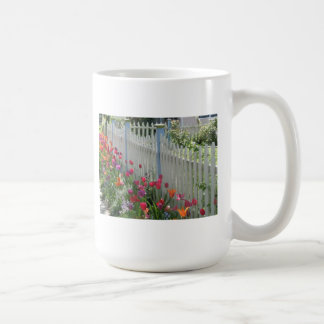 White Picket Fence With Tulips mug
