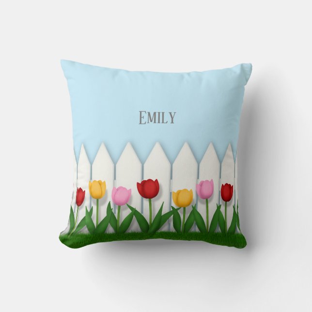 White Picket Fence With Tulips Personalized Throw Pillow (Front)