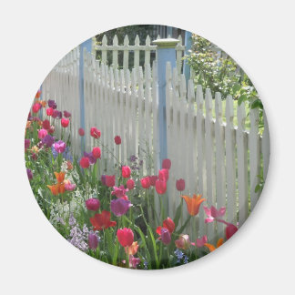 White Picket Fence With Tulips round magnet