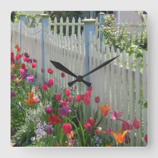 White Picket Fence With Tulips square clock