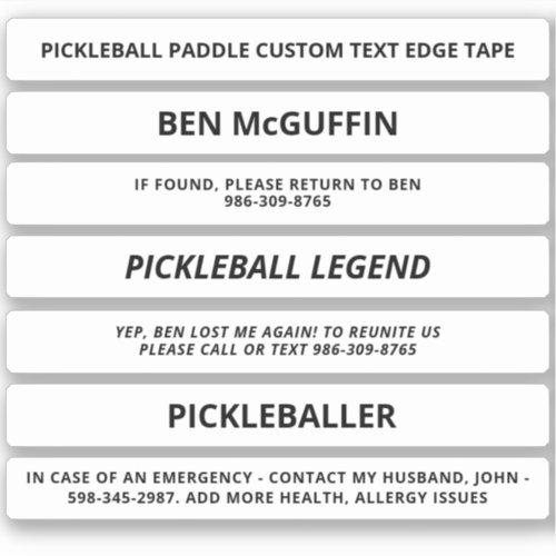 White Pickleball Paddle Edge Tape Custom Text ICE Sticker