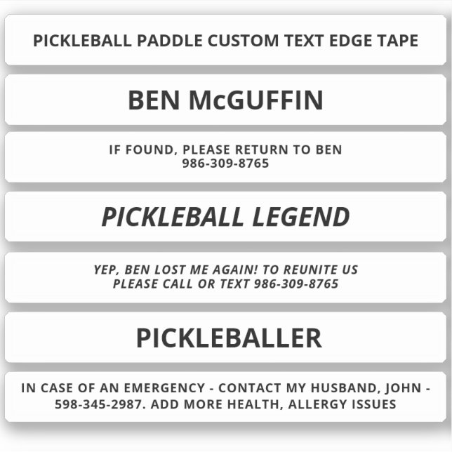 White Pickleball Paddle Edge Tape Custom Text ICE Sticker (Front)