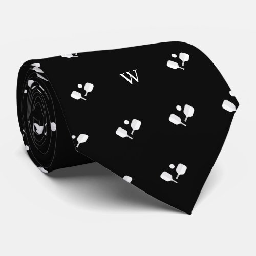 White Pickleball Paddles Monogram Initial Black Neck Tie