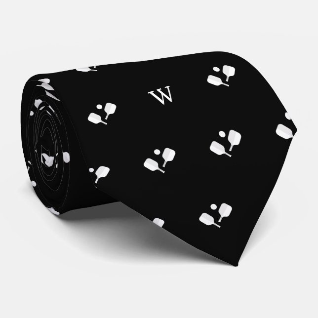 White Pickleball Paddles Monogram Initial Black Neck Tie (Rolled)