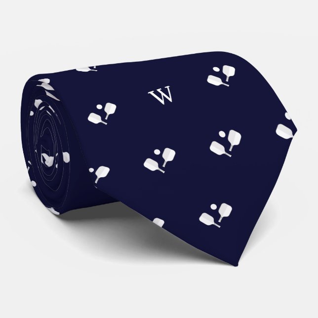 White Pickleball Paddles Monogram Initial Blue Neck Tie (Rolled)